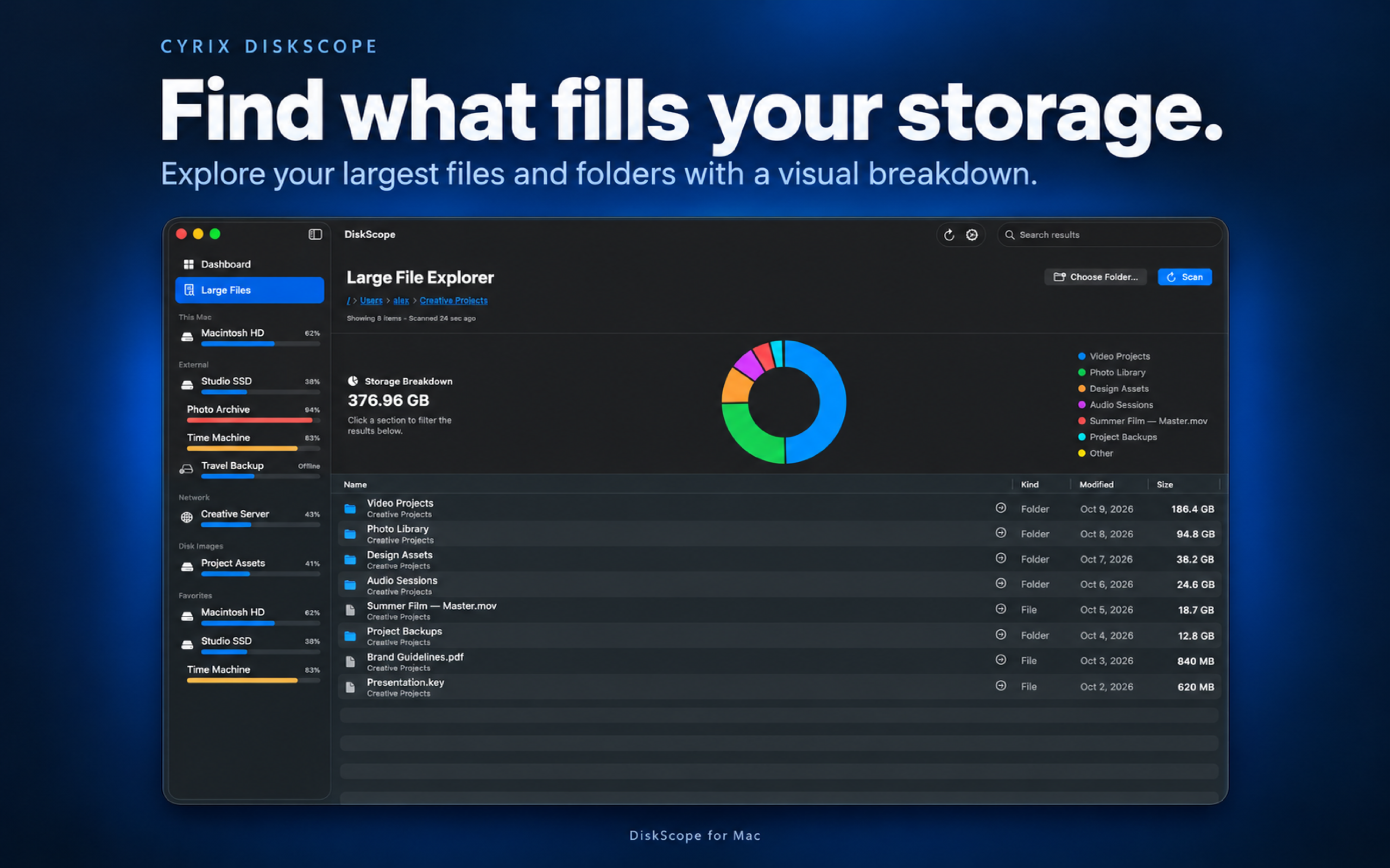 DiskScope large-file explorer with a storage pie chart and files ranked by size