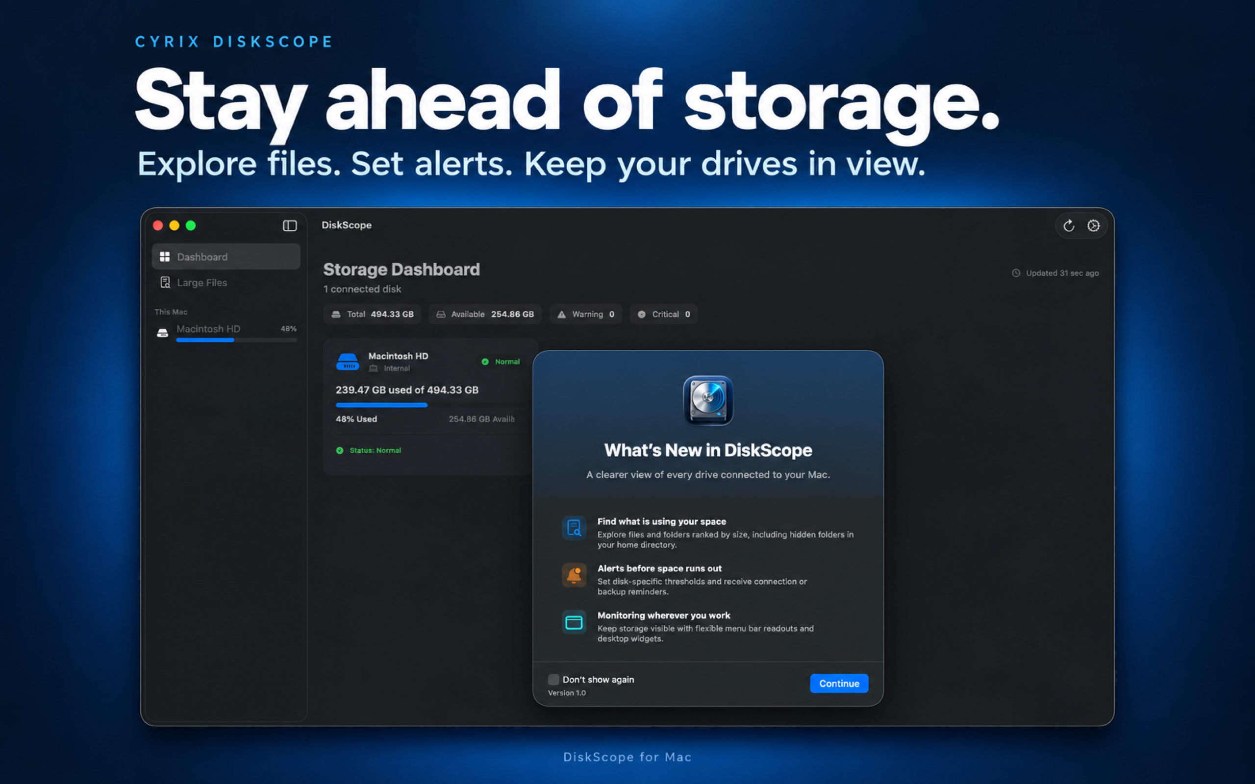 DiskScope feature overview describing file exploration, storage alerts, menu bar monitoring, and widgets