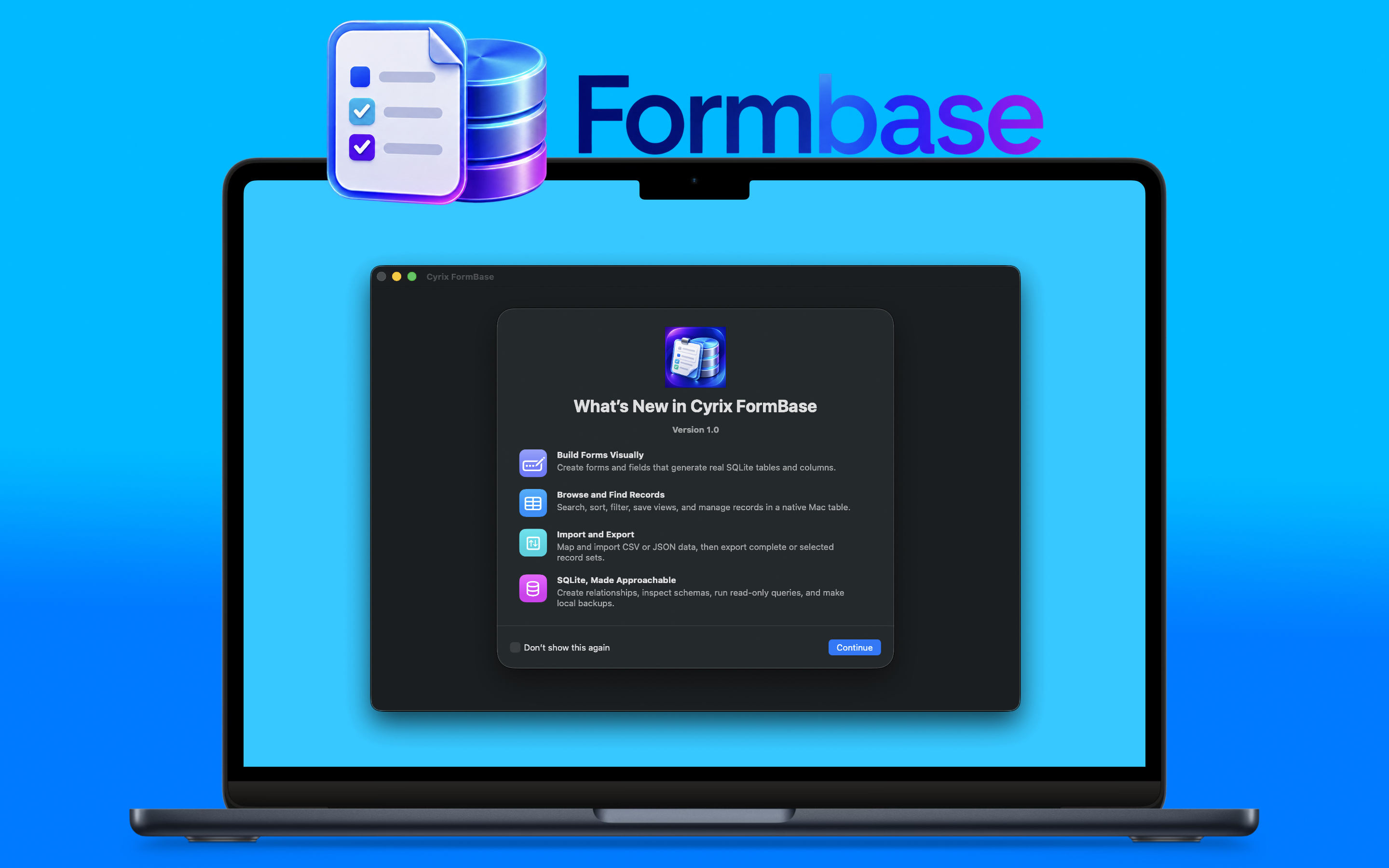 Cyrix FormBase version 1.0 welcome screen