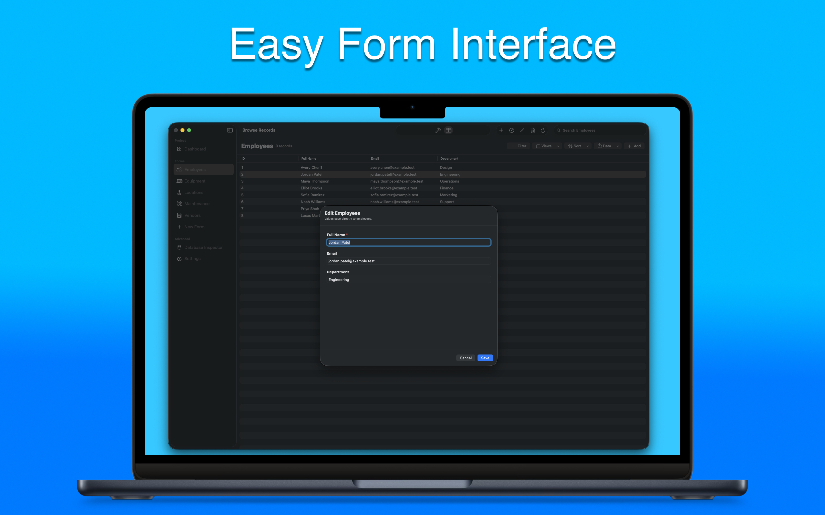 Editing an employee record with the generated form interface