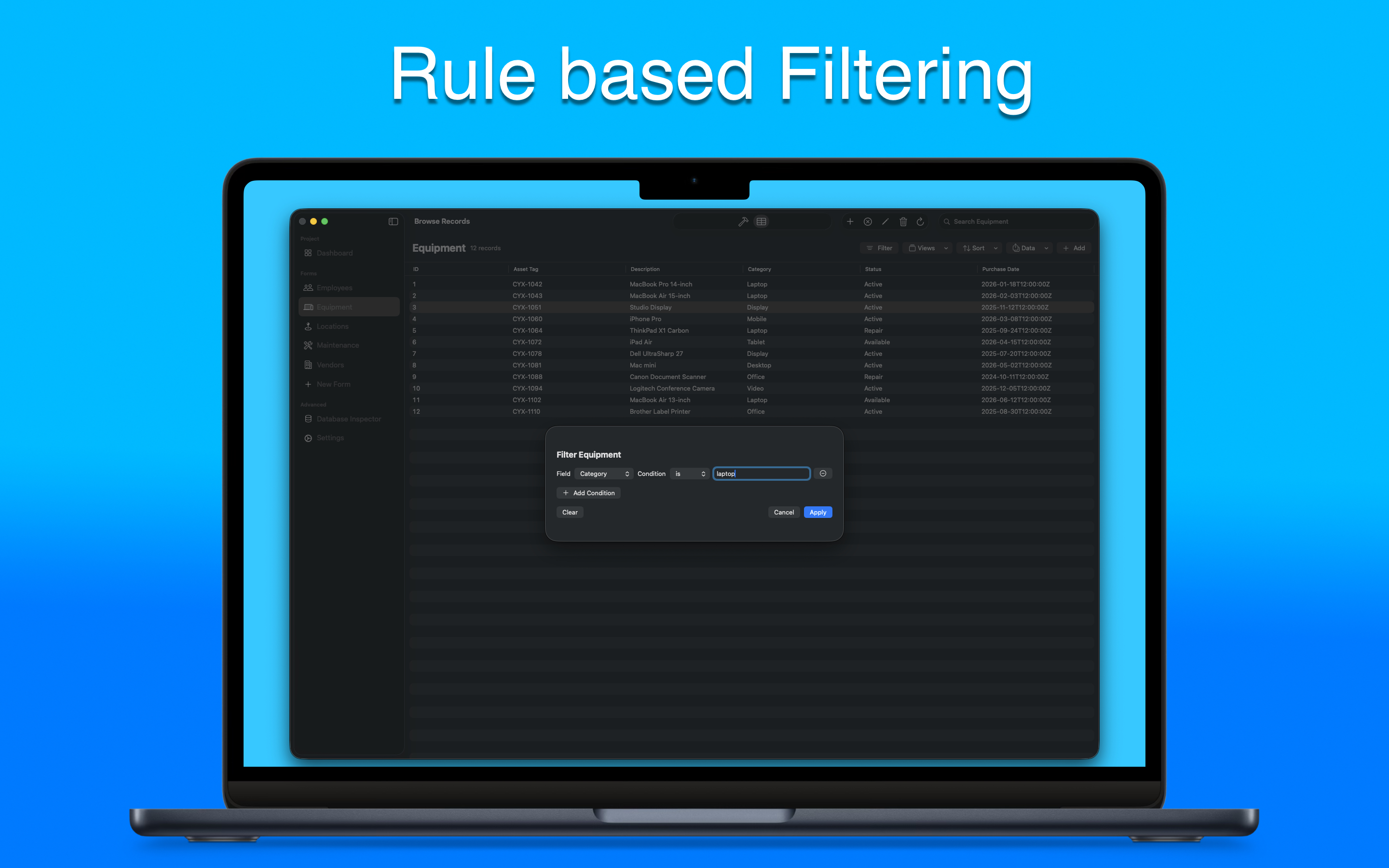 Building a rule-based filter for equipment records