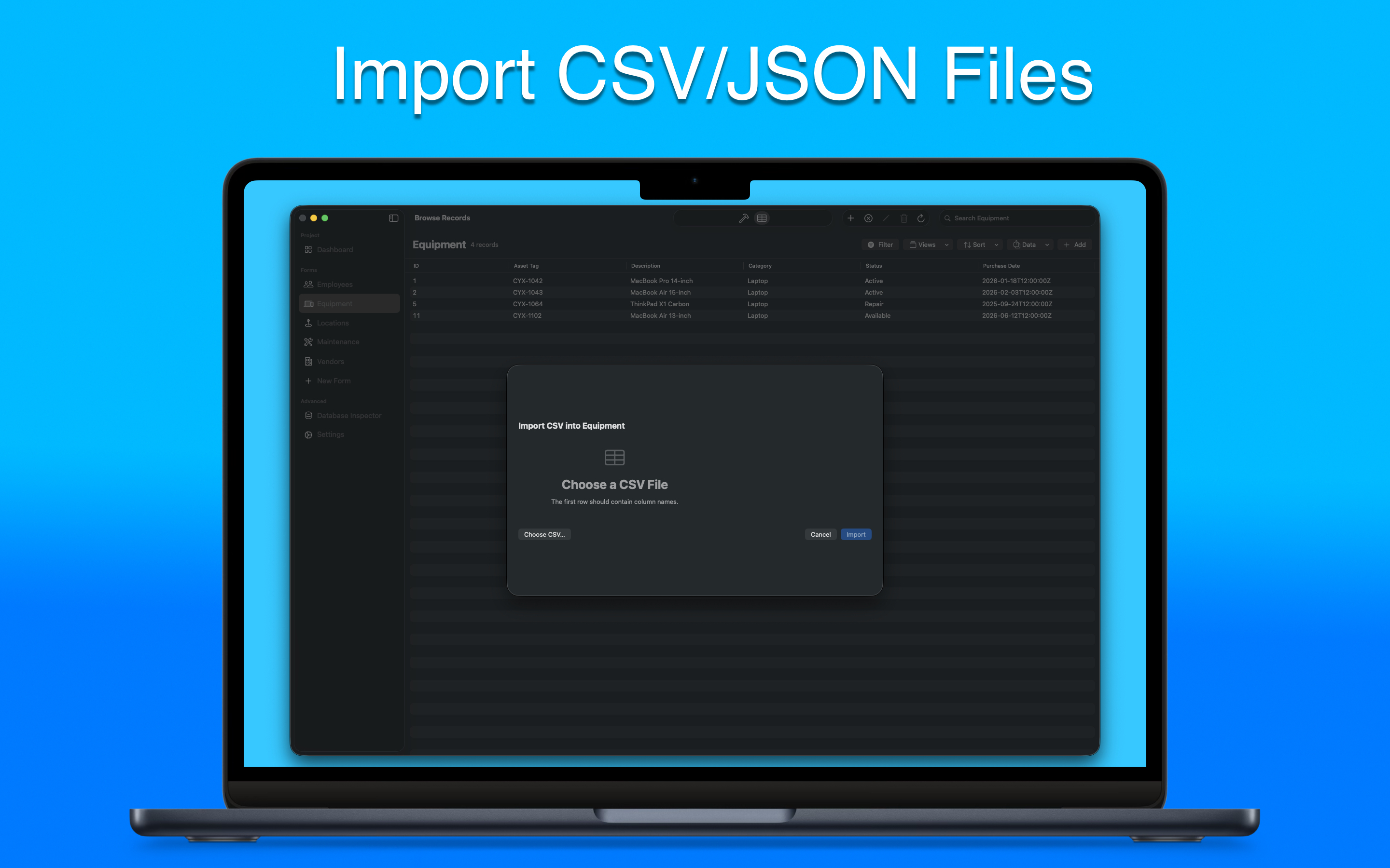 Importing CSV data into an equipment form