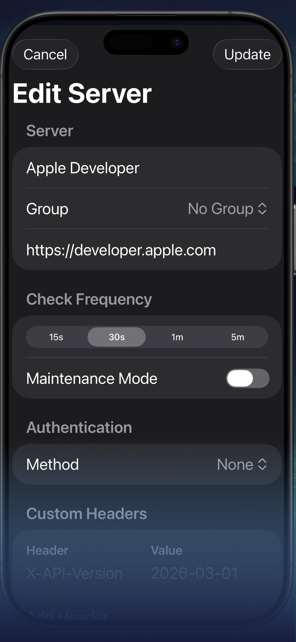 Server Uptime monitor detail screen with latency and recent checks